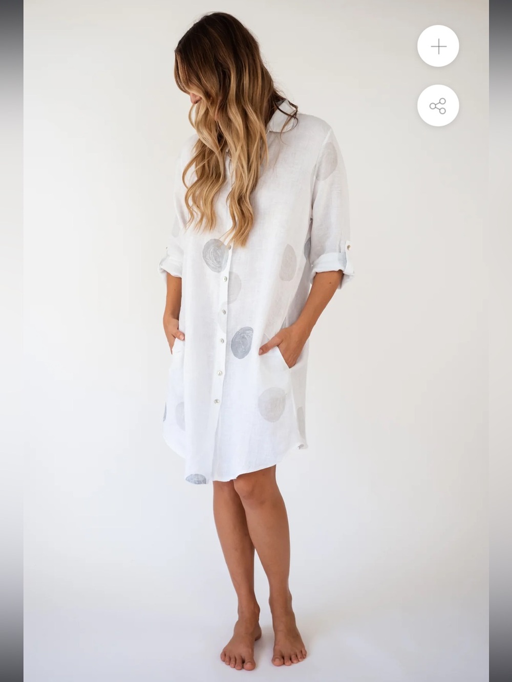 Meo Meo White Linen Button-Front Shift shirt Dress with Subtle Polka Detail